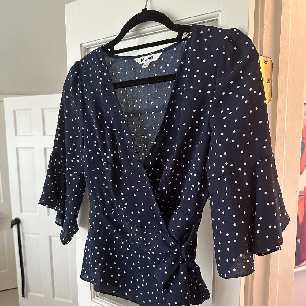 BB Dakota Spot Me Polka Dot Front Wrap Blouse